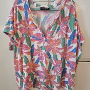 Lane Bryant Tropical Floral V-Neck Top in Pink, Orange, Green & Blue